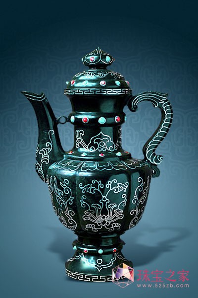 【黑碧玉錯銀嵌寶石西番壺】 馬進貴作品