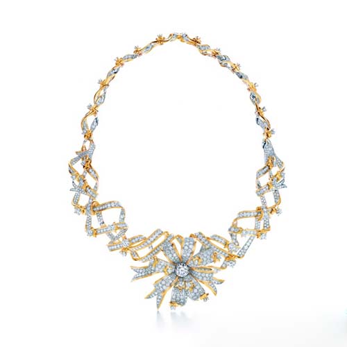Ribbon Rosette鉑金和18k黃金鑲鉆緞帶項鏈