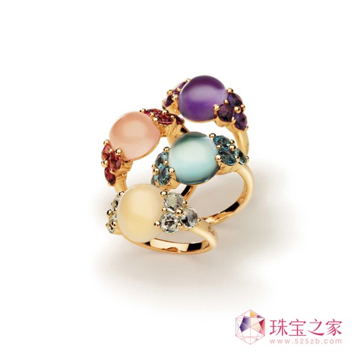 POMELLATO寶曼蘭朵2014中秋禮物 呈現(xiàn)色彩美學(xué)Luna戒指：玫瑰金鑲月光石和海藍(lán)寶、薔薇石和紅碧璽、紫晶、藍(lán)色托帕石