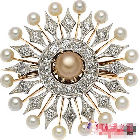 卡地亞(Cartier)，古色古香的天然珍珠，鉑金突破粉紅色金胸針，估價(jià)5,000-7,000美元。