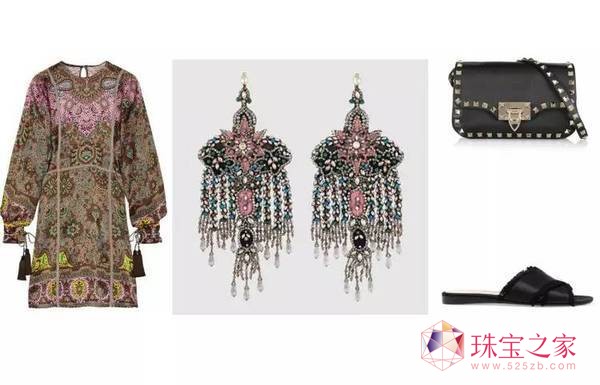 Gucci 古馳 水晶刺繡夾扣耳環(huán)。Etro 羅緞邊飾印花真絲斜紋布連衣裙，$3,289。Valentino The Rockstud 皮革單肩包，$1,470。Gianvito Rossi 磨邊緞布拖鞋，$682。