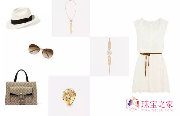Chanel 香奈兒 Baroque系列手鐲，RMB 79,200。Chanel 香奈兒 Baroque系列戒指標準款， RMB 76,100。Chanel 香奈兒 Baroque系列項鏈，RMB 91,600。Zimmermann Caravan 鉤編棉質混紡連衣裙，$720。Gucci Dionysus 涂層帆布絨面革中號手提包，$3,116。AncientN Greek Sandals Satira 皮革涼鞋，$220。VICTORIA BECKHAM Fine Wave 金色方框太陽鏡，$529。Sensi Studio Classic 巴拿馬草帽$168。